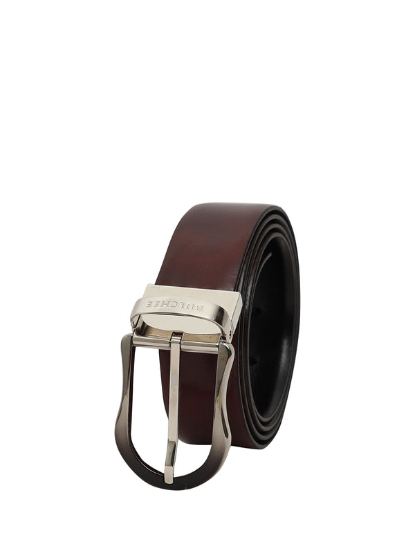Bulchee Premium Collections Men's Italian Leather and Brass Buckle Belt | Reversible Prong | Burgandey/Black | BISG2107B